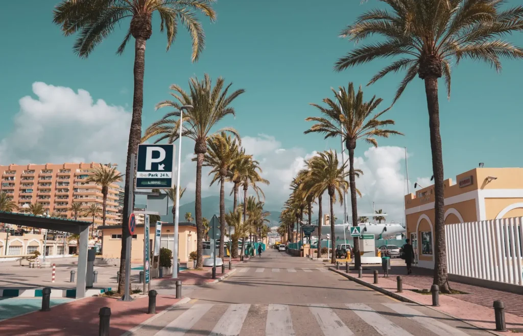 Fuengirola city street view with palm trees where private cannabis associations operate in Spain